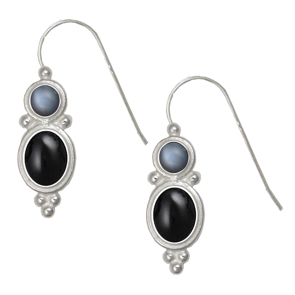 Sterling Silver Drop Dangle Earrings Black Onyx And Grey Moonstone